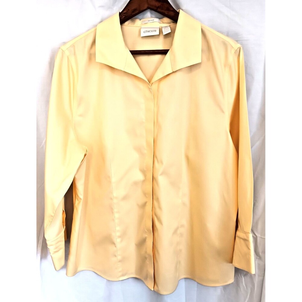 CHICO’S 100% Cotton No Iron Shirt YELLOW 3/4 Sleeve Button Front Size 3 XL/16